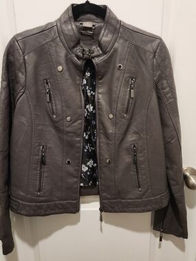 Jou Jou Womens Gray Faux Leather Moto Jacket Size XL